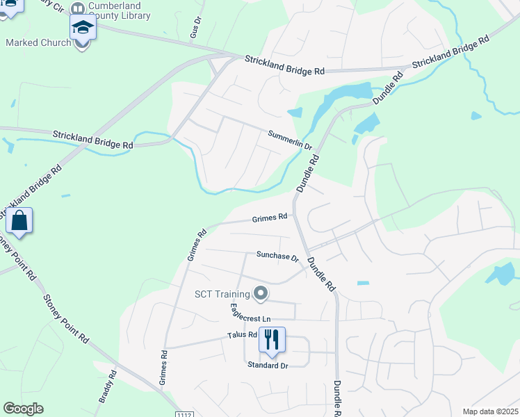 map of restaurants, bars, coffee shops, grocery stores, and more near 5256 Grimes Road in Fayetteville
