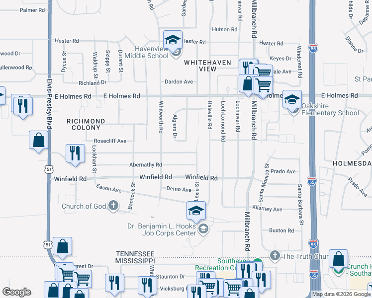 map of restaurants, bars, coffee shops, grocery stores, and more near 1508 Mary Jane Avenue in Memphis