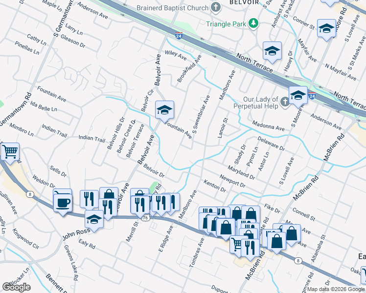 map of restaurants, bars, coffee shops, grocery stores, and more near 820 Sweetbriar Circle in East Ridge