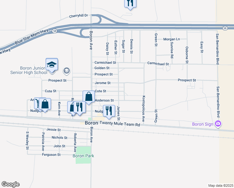 map of restaurants, bars, coffee shops, grocery stores, and more near 27192 Cote Street in Boron