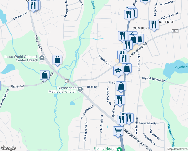 map of restaurants, bars, coffee shops, grocery stores, and more near 2589 Cumberland Creek Drive in Fayetteville