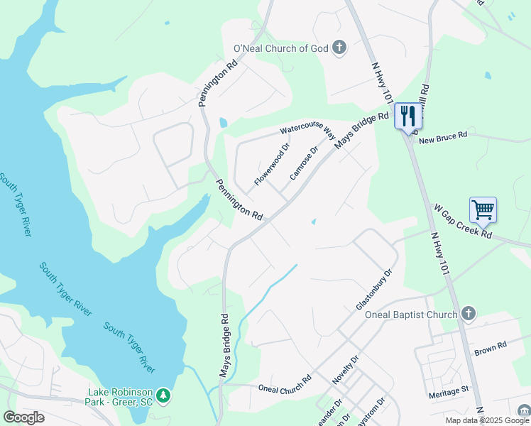 map of restaurants, bars, coffee shops, grocery stores, and more near 308 Watercourse Way in Greer