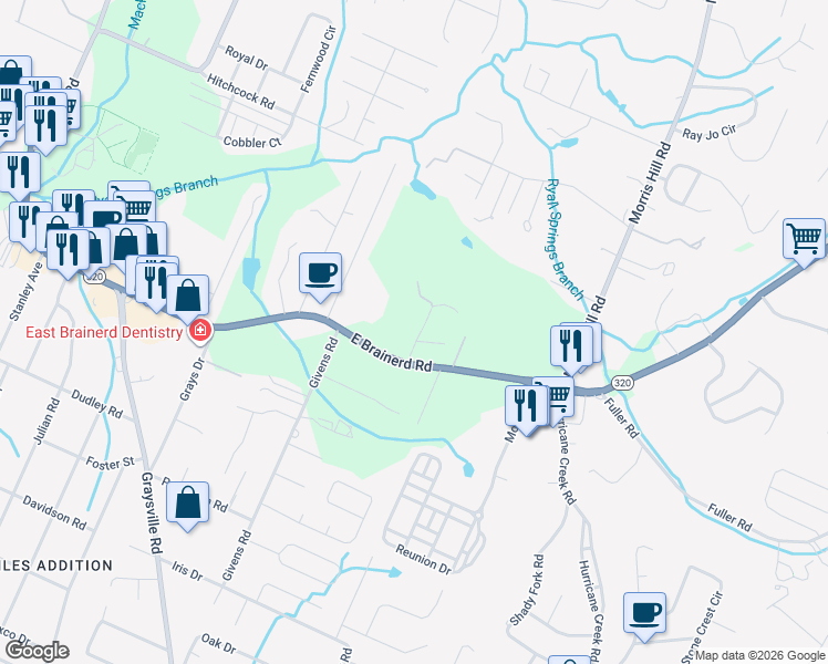 map of restaurants, bars, coffee shops, grocery stores, and more near 1109 Shady Rest Road in Chattanooga