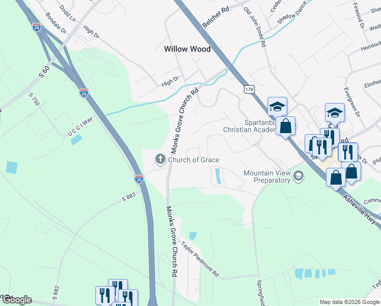 map of restaurants, bars, coffee shops, grocery stores, and more near 2 McDowell Drive in Spartanburg