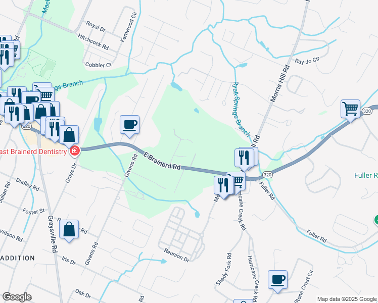 map of restaurants, bars, coffee shops, grocery stores, and more near 1110 Shady Rest Road in Chattanooga