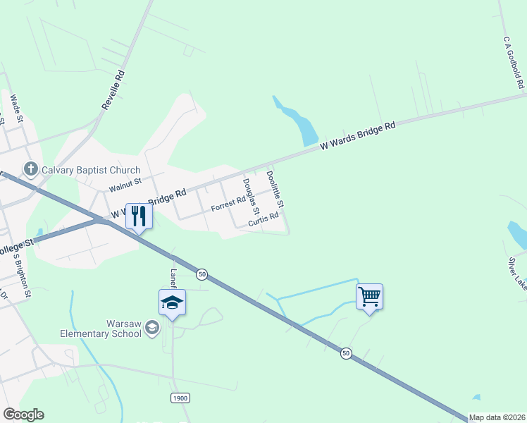map of restaurants, bars, coffee shops, grocery stores, and more near 701-705 Curtis Road in Warsaw