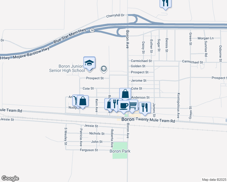 map of restaurants, bars, coffee shops, grocery stores, and more near 12236 Roberts Avenue in Boron