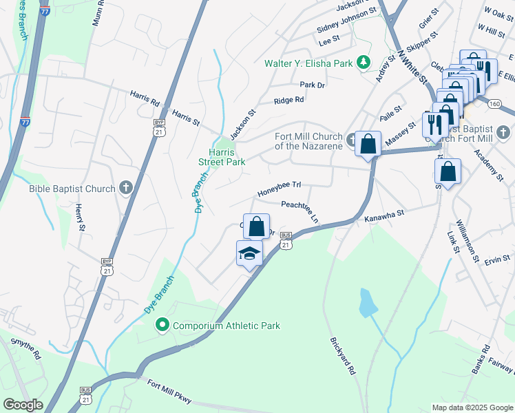 map of restaurants, bars, coffee shops, grocery stores, and more near 1041 Peachtree Lane in Fort Mill