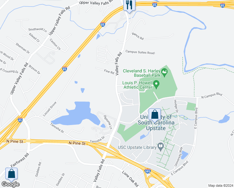 map of restaurants, bars, coffee shops, grocery stores, and more near 7915 Valley Falls Road in Spartanburg