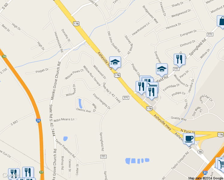 map of restaurants, bars, coffee shops, grocery stores, and more near 108 State Road S-42-7449 in Spartanburg
