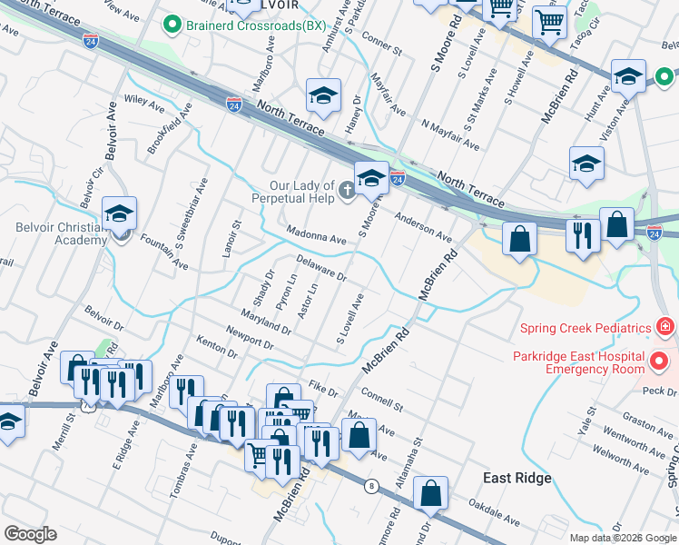 map of restaurants, bars, coffee shops, grocery stores, and more near 701 South Moore Road in Chattanooga