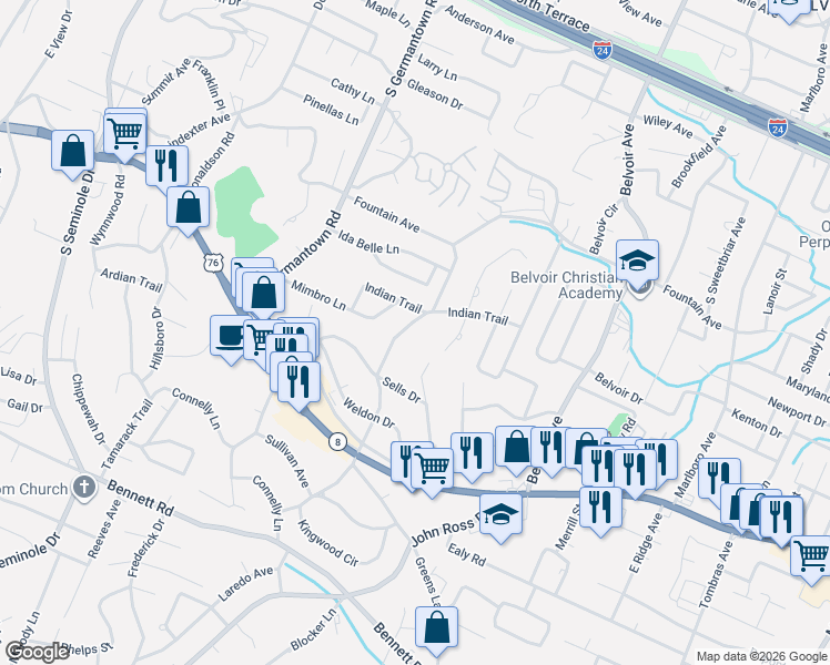 map of restaurants, bars, coffee shops, grocery stores, and more near 917 Mount Belvoir Drive in Chattanooga