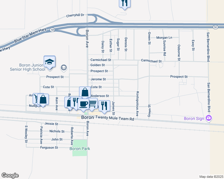 map of restaurants, bars, coffee shops, grocery stores, and more near 27192 Cote Street in Boron
