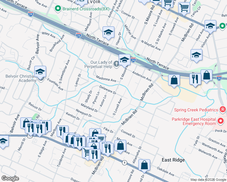 map of restaurants, bars, coffee shops, grocery stores, and more near 701 South Moore Road in Chattanooga