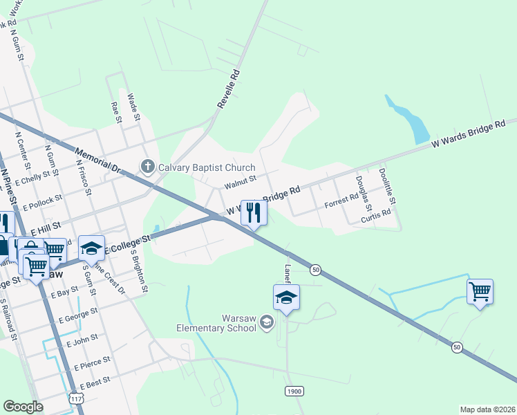 map of restaurants, bars, coffee shops, grocery stores, and more near 230 West Wards Bridge Road in Warsaw