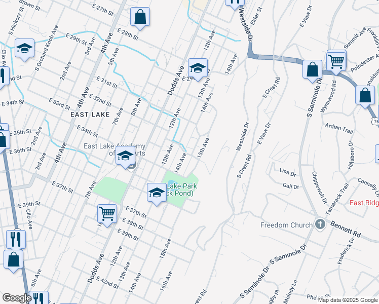 map of restaurants, bars, coffee shops, grocery stores, and more near 3011 East 32nd Street in Chattanooga