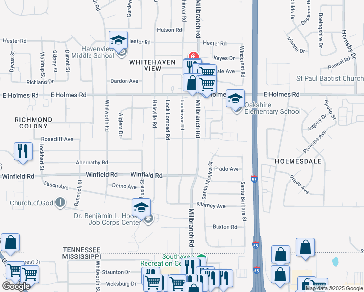 map of restaurants, bars, coffee shops, grocery stores, and more near 5333 Lochinvar Road in Memphis