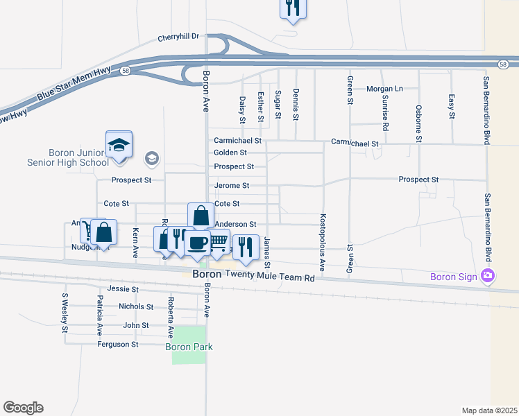 map of restaurants, bars, coffee shops, grocery stores, and more near 27180 Cote Street in Boron