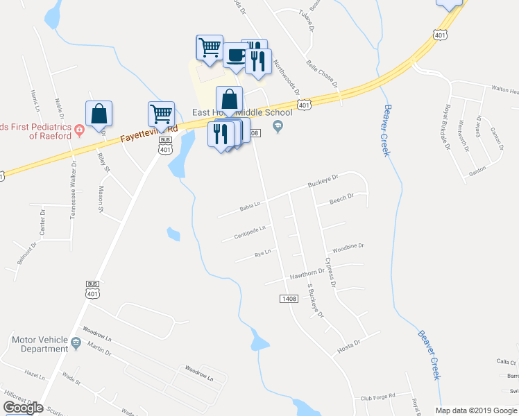 map of restaurants, bars, coffee shops, grocery stores, and more near 129 Bahia Lane in Raeford