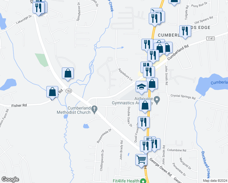 map of restaurants, bars, coffee shops, grocery stores, and more near 2591 Cumberland Creek Drive in Fayetteville