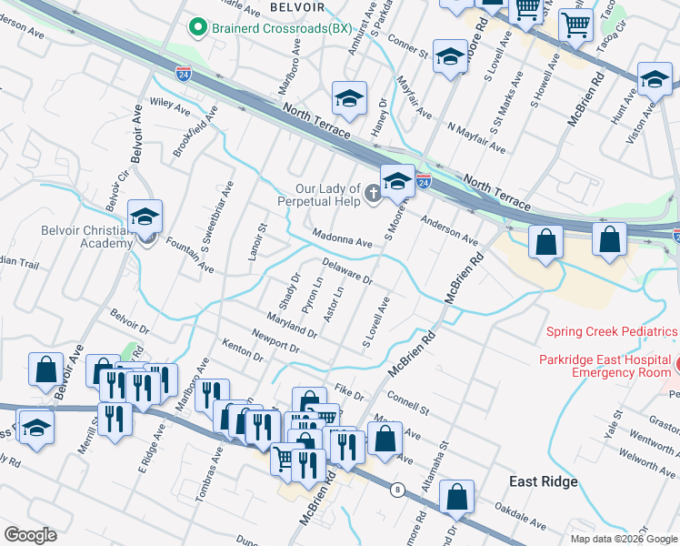 map of restaurants, bars, coffee shops, grocery stores, and more near 4812 Delaware Drive in Chattanooga