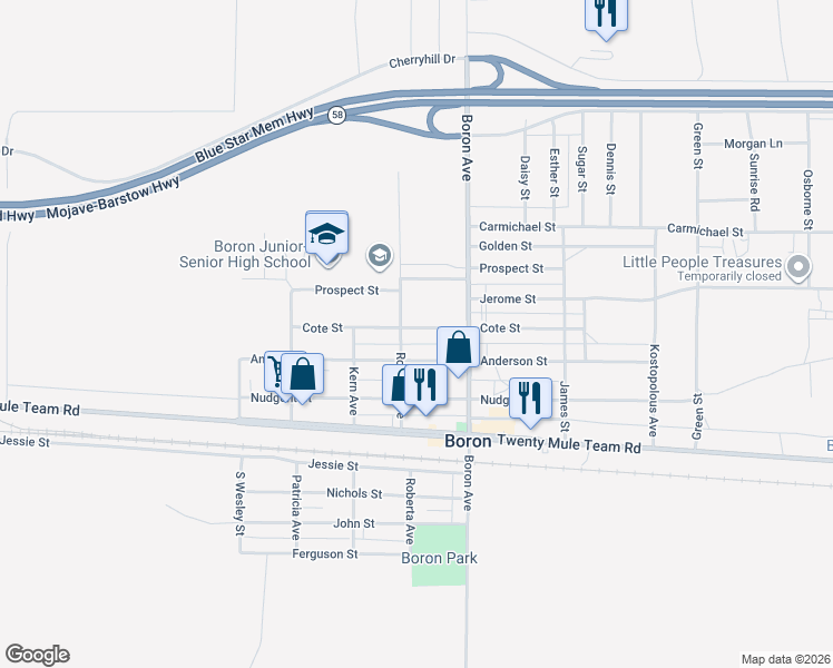 map of restaurants, bars, coffee shops, grocery stores, and more near 26920 Cote Street in Boron