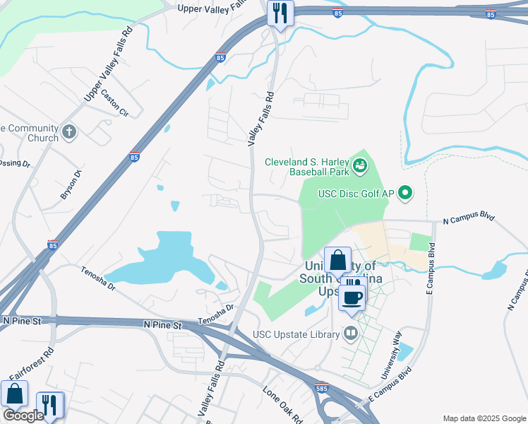 map of restaurants, bars, coffee shops, grocery stores, and more near 7915 Valley Falls Road in Spartanburg