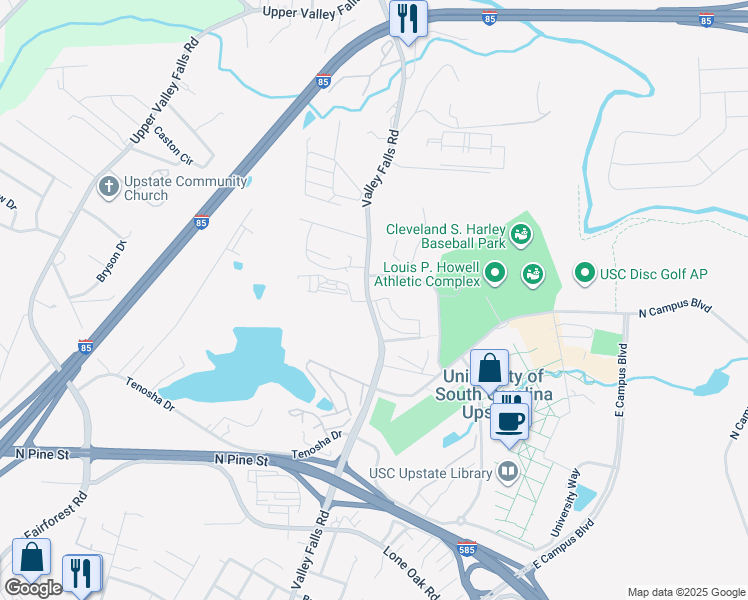 map of restaurants, bars, coffee shops, grocery stores, and more near 7915 Valley Falls Road in Spartanburg