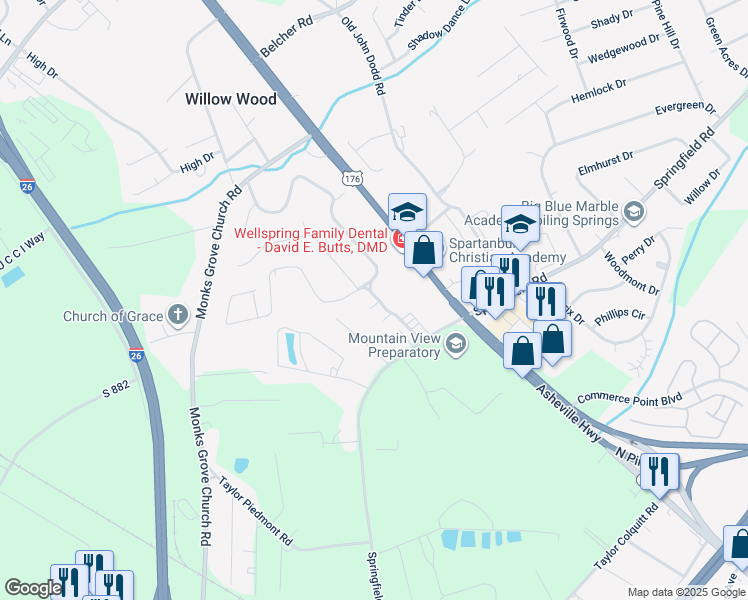 map of restaurants, bars, coffee shops, grocery stores, and more near 11 Melissa Court in Spartanburg