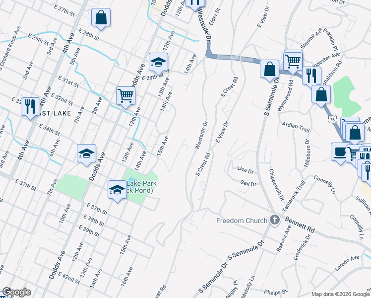 map of restaurants, bars, coffee shops, grocery stores, and more near 3332 Roadrunner Trail in Chattanooga