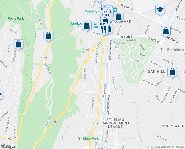 map of restaurants, bars, coffee shops, grocery stores, and more near 4311 Alabama Avenue in Chattanooga