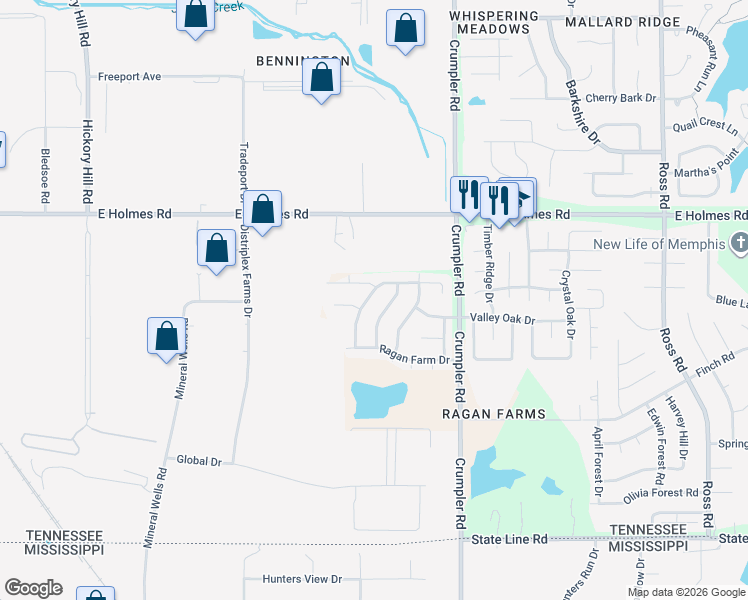 map of restaurants, bars, coffee shops, grocery stores, and more near 5348 Farm Ridge Drive in Memphis