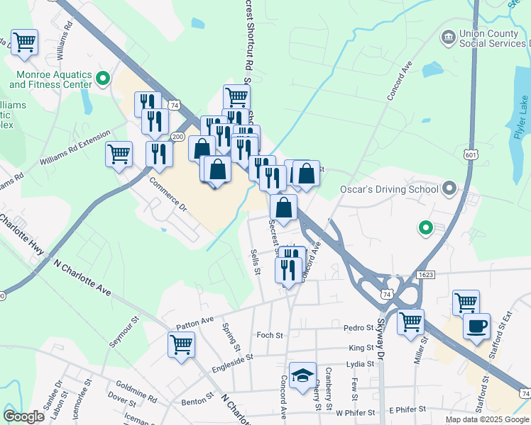 map of restaurants, bars, coffee shops, grocery stores, and more near 1717 Secrest Short Cut Road in Monroe