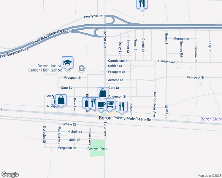 map of restaurants, bars, coffee shops, grocery stores, and more near 27036 Cote Street in Boron