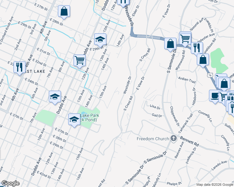 map of restaurants, bars, coffee shops, grocery stores, and more near 3332 Roadrunner Trail in Chattanooga