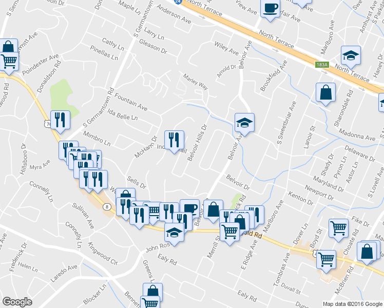 map of restaurants, bars, coffee shops, grocery stores, and more near 3898 Indian Trail in East Ridge