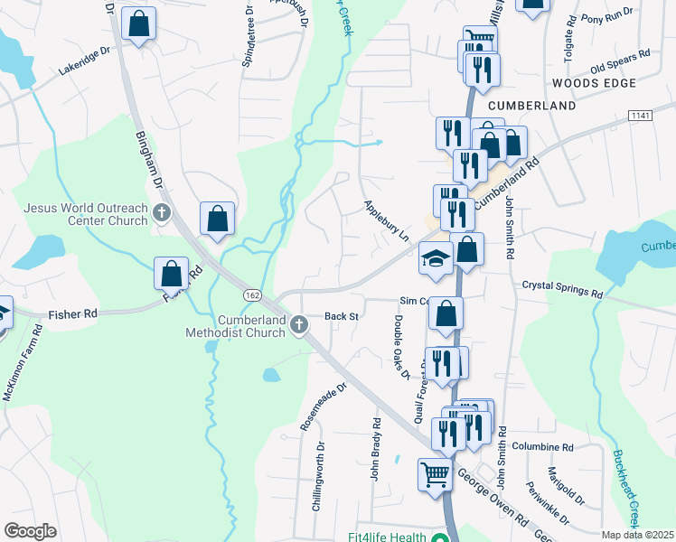 map of restaurants, bars, coffee shops, grocery stores, and more near 2580 Cumberland Creek Drive in Fayetteville