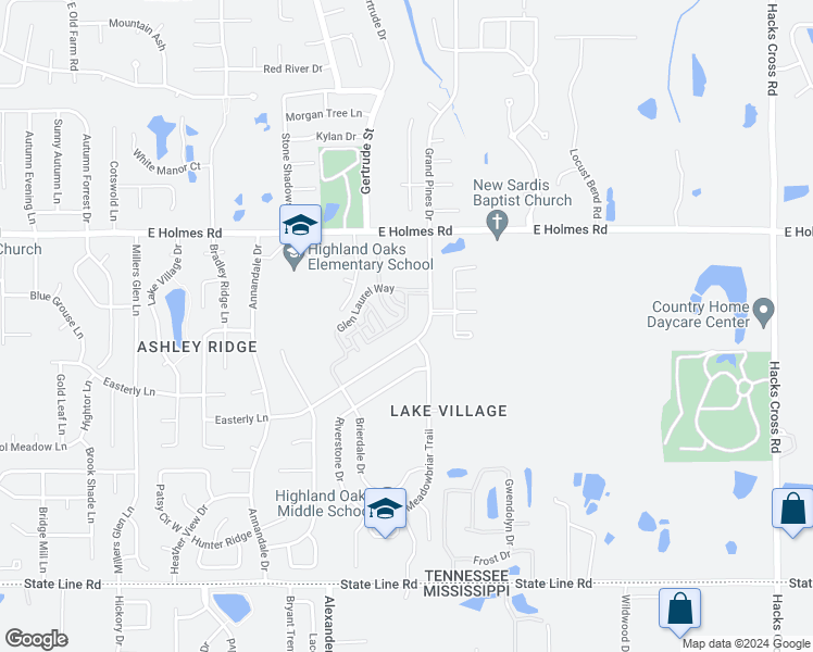 map of restaurants, bars, coffee shops, grocery stores, and more near 7599 Glen Creek Lane in Memphis