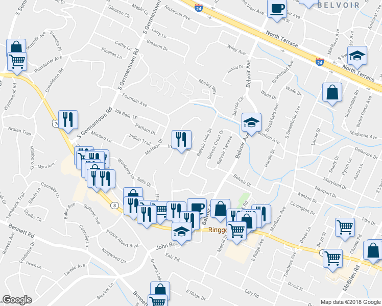 map of restaurants, bars, coffee shops, grocery stores, and more near 902 Belvoir Hills Circle in Chattanooga