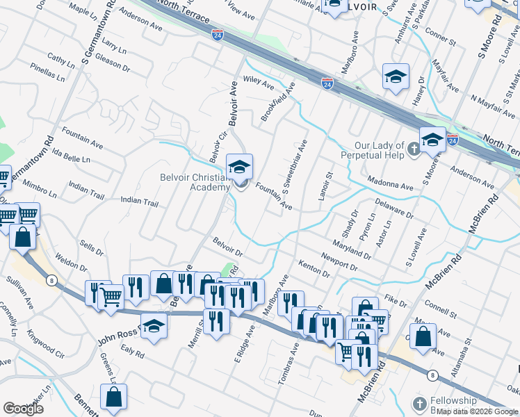 map of restaurants, bars, coffee shops, grocery stores, and more near 711 Hardin Drive in Chattanooga