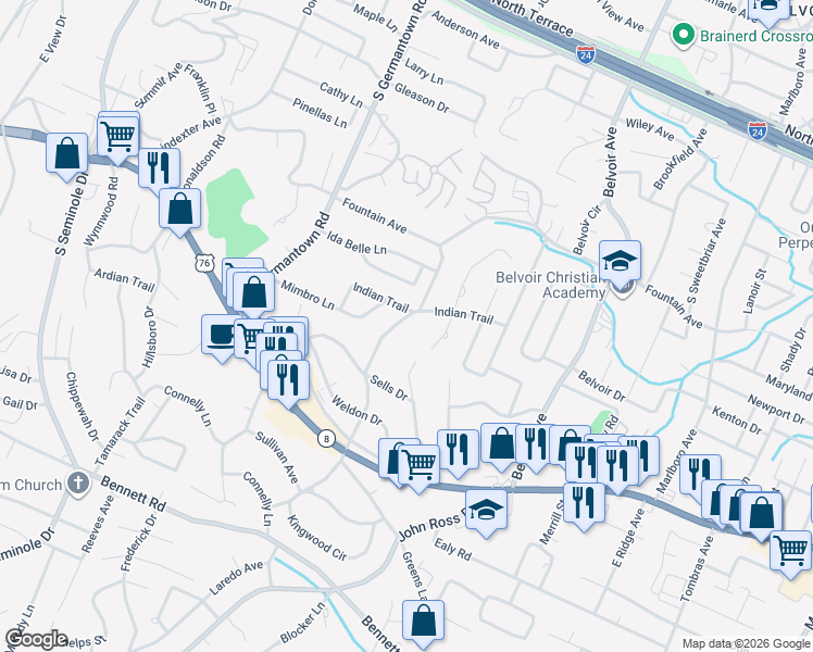 map of restaurants, bars, coffee shops, grocery stores, and more near 917 Mount Belvoir Drive in Chattanooga