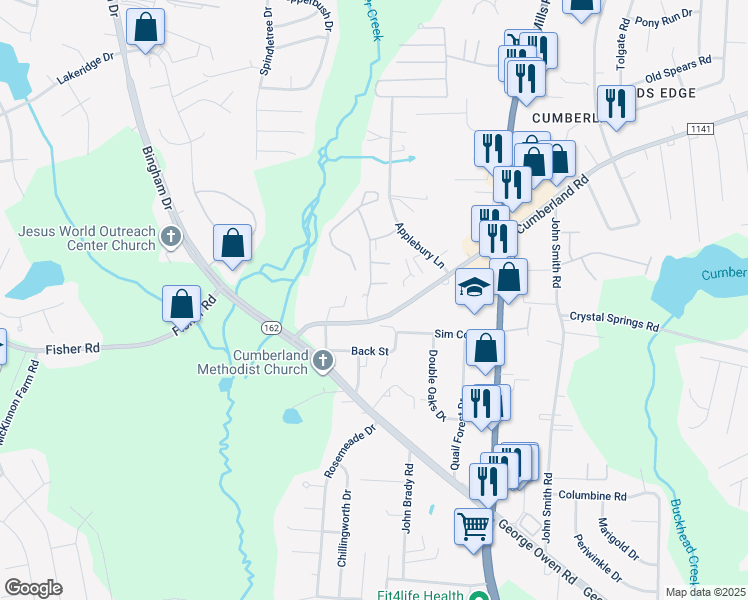 map of restaurants, bars, coffee shops, grocery stores, and more near 2589 Cumberland Creek Drive in Fayetteville