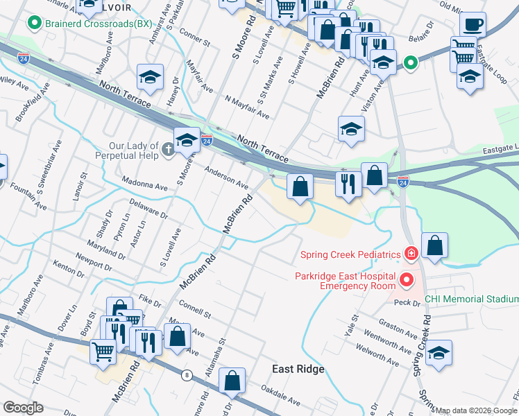 map of restaurants, bars, coffee shops, grocery stores, and more near 914 Geswein Court in East Ridge