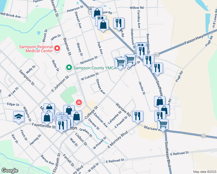 map of restaurants, bars, coffee shops, grocery stores, and more near 707 College Street in Clinton