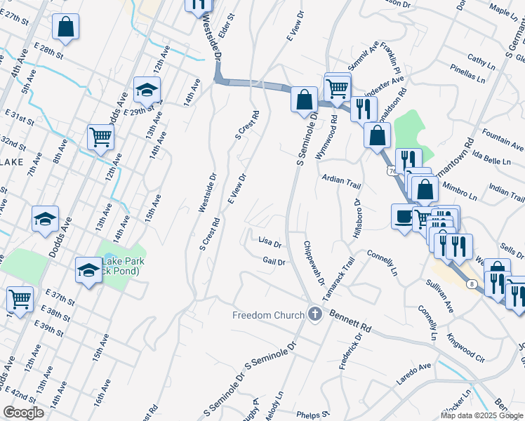 map of restaurants, bars, coffee shops, grocery stores, and more near 123 Bimini Place in East Ridge