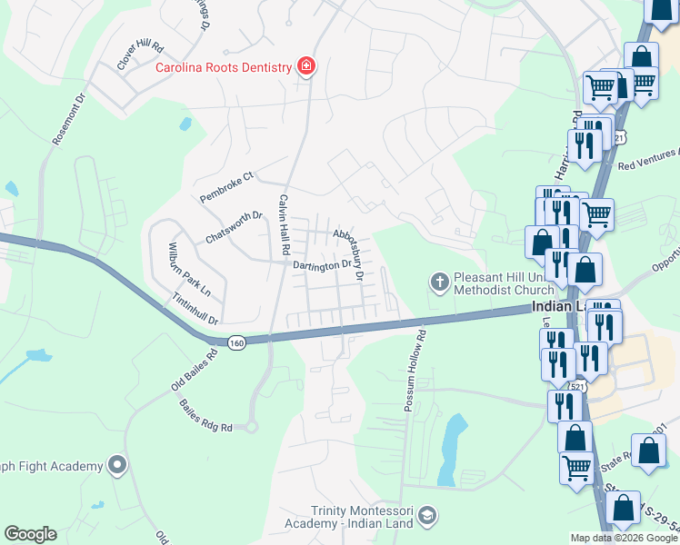 map of restaurants, bars, coffee shops, grocery stores, and more near 6349 Rhodins Lane in Indian Land