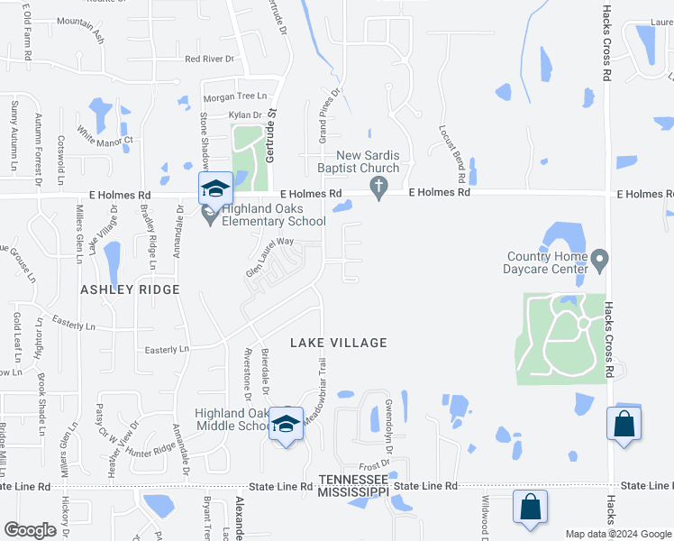 map of restaurants, bars, coffee shops, grocery stores, and more near 5321 Brookwater Cove South in Memphis