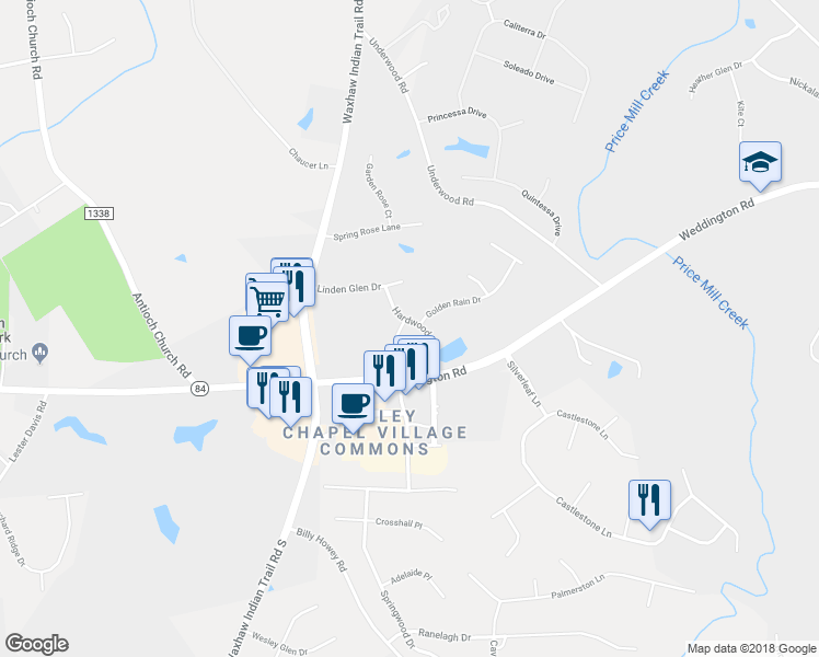 map of restaurants, bars, coffee shops, grocery stores, and more near 1217 Hardwood Drive in Matthews