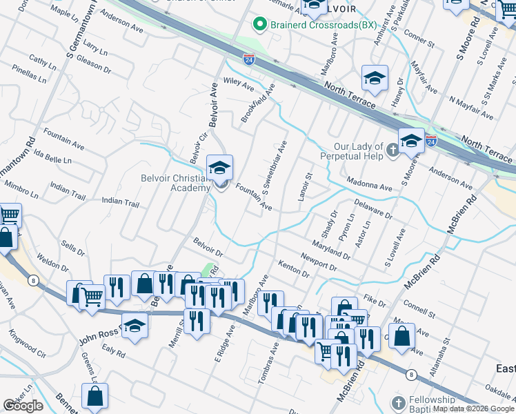 map of restaurants, bars, coffee shops, grocery stores, and more near 4202 Fountain Avenue in Chattanooga