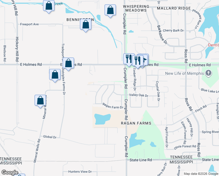map of restaurants, bars, coffee shops, grocery stores, and more near 5324 Farm Ridge Drive in Memphis